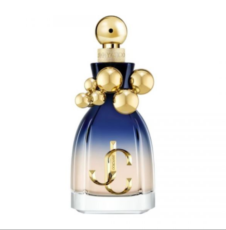 Jimmy Choo I Want Choo Perfume for Women Limited Edition bottle with a blue-to-cream gradient glass body, gold anchor emblem, and gold metallic spherical accents on the cap and neck, shown on a white background.
