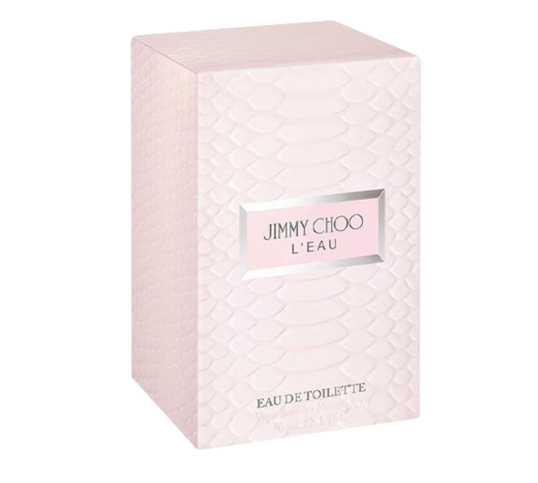 Jimmy Choo L'Eau Eau de Toilette box in pale pink with a textured scale pattern and a silver-bordered label.