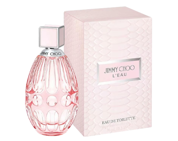 Jimmy Choo L'Eau Eau de Toilette perfume bottle in pink with a faceted cap, shown next to its light pink textured packaging box.