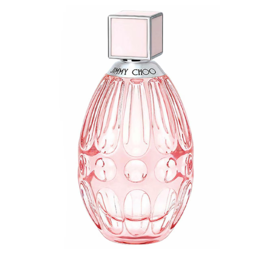 Jimmy Choo Pink Sugar perfume bottle with a textured, ribbed pink glass body and a silver-toned square cap, shown on a plain white background.