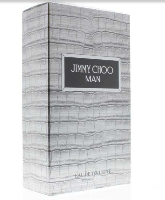 Jimmy Choo Man Eau de Toilette perfume box featuring a silver and gray crocodile skin pattern with a black label in the center.