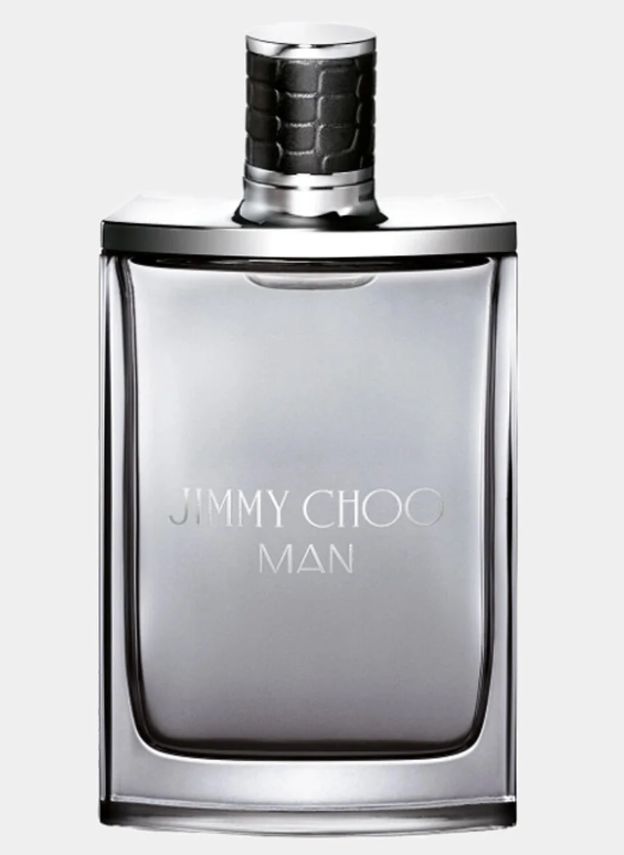 Jimmy Choo Man cologne bottle with a rectangular smoky gray glass body and a textured black and silver cap, shown on a light gray background.
