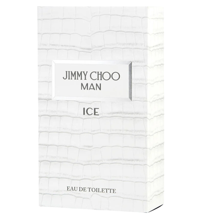 Jimmy Choo Man Ice Eau de Toilette packaging box featuring a white crocodile-embossed pattern with black text.