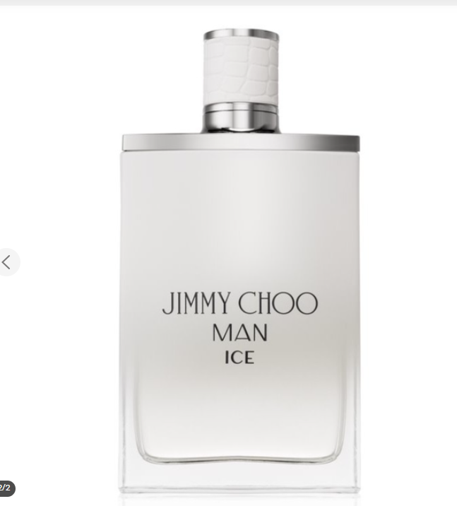 Jimmy Choo Man Ice fragrance bottle, featuring a clear glass rectangular bottle with a silver metallic cap and a textured white collar, set against a plain white background.