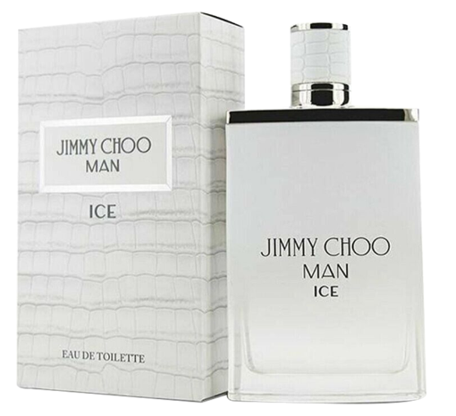 Jimmy Choo Man Ice Eau de Toilette bottle and its matching box, both featuring a white textured crocodile pattern and black lettering, set against a plain white background.