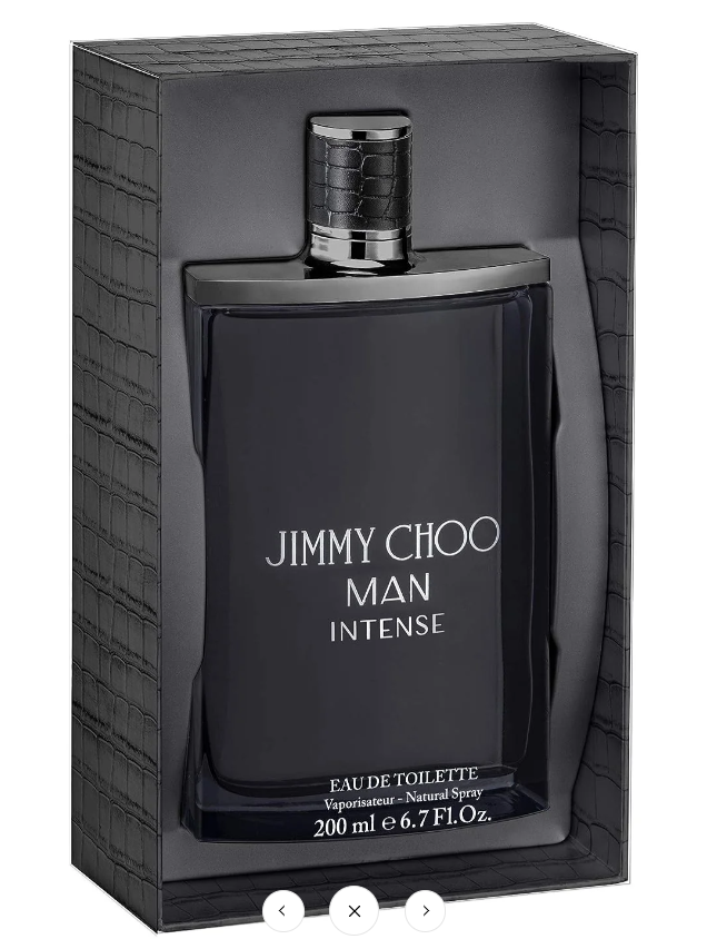 Jimmy Choo Man Intense Eau de Toilette bottle in a dark gray textured packaging box.