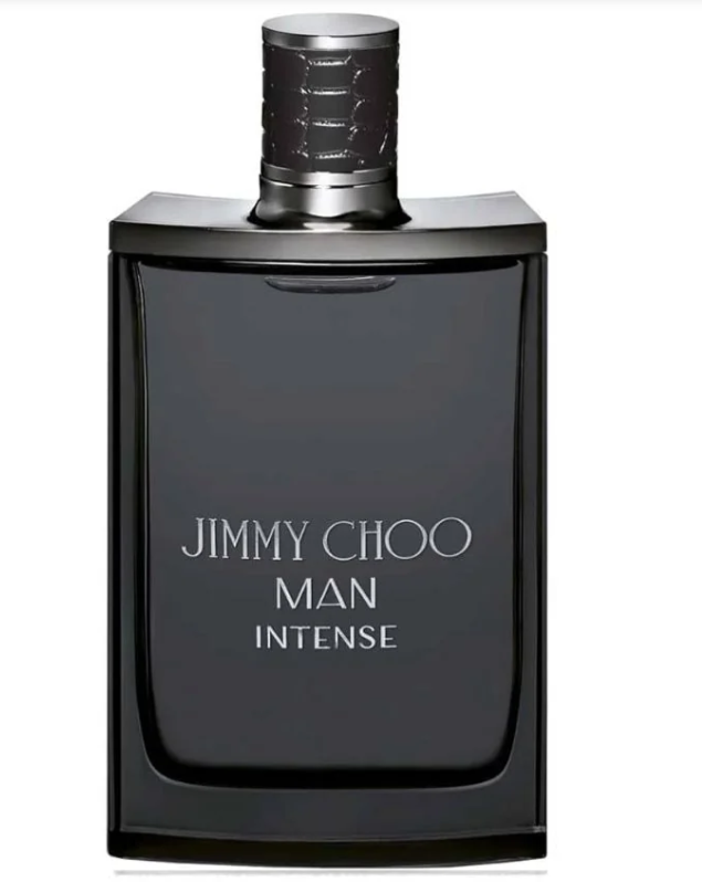 Jimmy Choo Man Intense cologne bottle, featuring a dark charcoal gray rectangular glass bottle with silver lettering and a textured metallic silver cap, set against a plain white background.