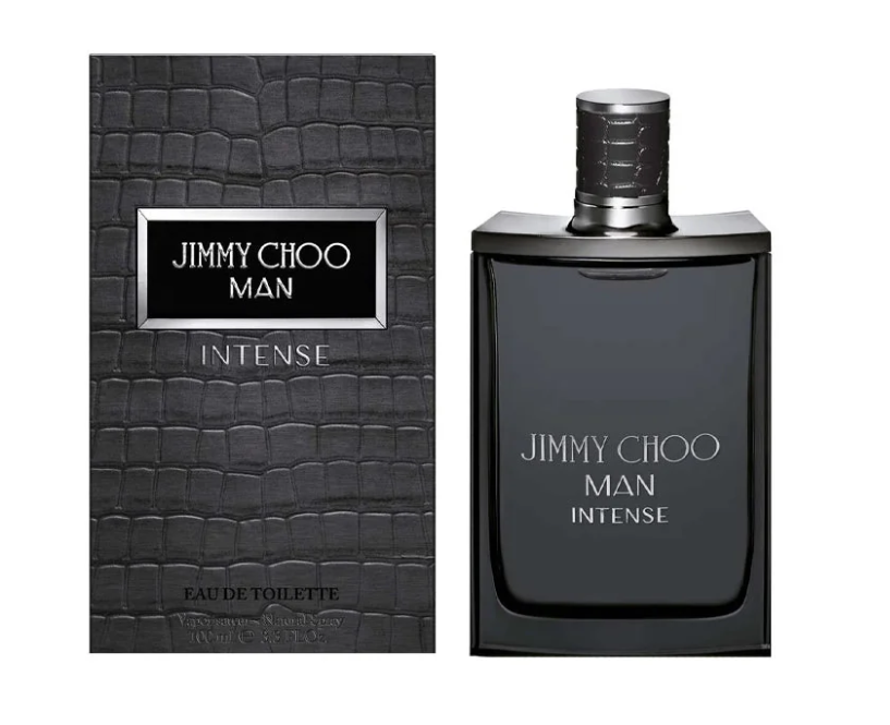 Jimmy Choo Man Intense Eau de Toilette shown with its textured black packaging box and the dark glass perfume bottle on a plain white background.