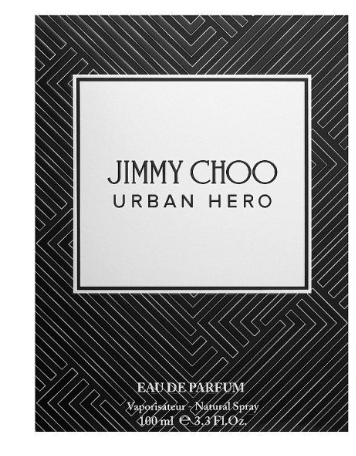 Front packaging of Jimmy Choo Urban Hero Eau de Parfum, featuring a black and white geometric patterned background with a central white label containing the brand name.
