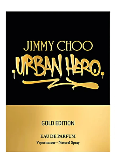 Front packaging of the Jimmy Choo Urban Hero Gold Edition Eau de Parfum, featuring a split black and gold design with stylized gold lettering.