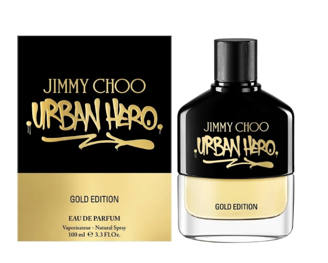 Jimmy Choo Urban Hero Gold Edition Eau de Parfum bottle and its packaging box, featuring a black and gold color scheme on a white background.