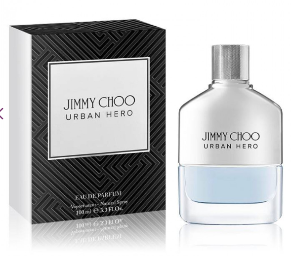 Jimmy Choo Urban Hero Eau de Parfum bottle with a silver cap next to its black and white patterned retail box, on a white reflective background.