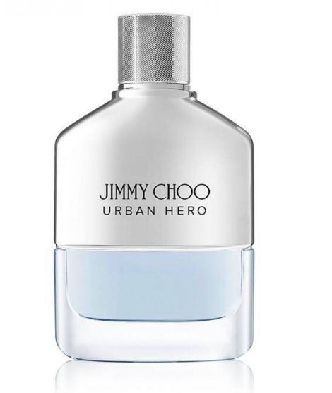 Jimmy Choo Urban Hero Eau de Toilette bottle with a textured silver cap, clear glass body, and light blue liquid, shown on a white background.