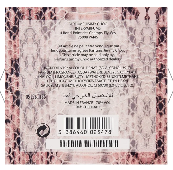 Back of a perfume box for Parfums Jimmy Choo Interparfums, showing product text, barcode, and a pink-and-white floral patterned background.