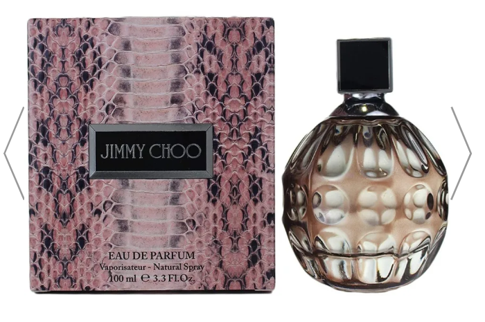 Jimmy Choo Eau de Parfum 100ml bottle and its packaging box, both featuring a pink and black snakeskin pattern.