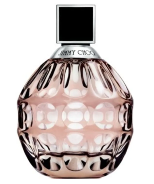 Jimmy Choo perfume bottle with a faceted, textured pink glass body and a black square cap, shown on a plain white background.