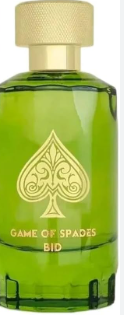 Game of Spades Bid cologne bottle in translucent olive green glass with a gold spade emblem and gold cap, shown against a white background.