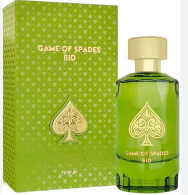 Game of Spades Bid perfume bottle and its packaging box. The bottle is made of translucent green glass with a gold spade emblem and a gold cap, standing next to a green patterned box with gold lettering.