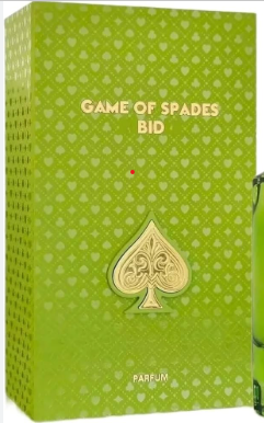 Green perfume box labeled 'GAME OF SPADES BID' with a large gold spade emblem and 'PARFUM' at the bottom, shown against a white background with part of the bottle visible on the right.