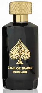 A black rectangular perfume bottle with a textured gold cap and a gold spade logo, labeled 'GAME OF SPADES WILDCARD' on the front.