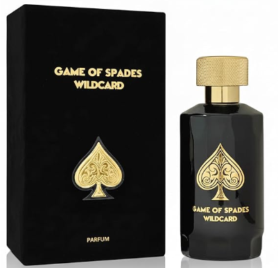 Game of Spades Wildcard Parfum bottle and its black packaging box, both featuring a gold spade logo and gold lettering on a white background.