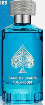 Game of Spades Full-House cologne bottle in vibrant blue glass with a silver cap and silver spade logo.