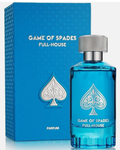 Game of Spades Full-House Parfum bottle and its blue packaging box, featuring a blue glass bottle with a silver cap and a matching blue box with a silver spade symbol.