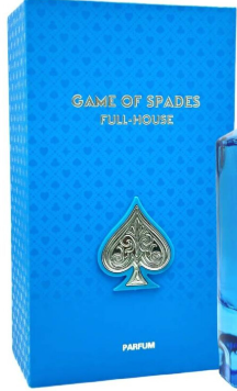 Blue perfume box labeled 'GAME OF SPADES FULL HOUSE' with a spade emblem on the front, next to a partial view of the blue bottle.