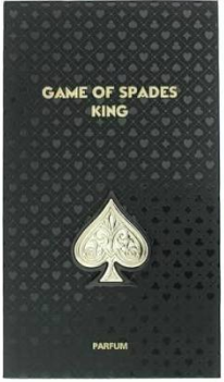 A black perfume card or box for 'Game of Spades King' with gold lettering, a silver spade emblem in the center, and the word 'PARFUM' at the bottom.