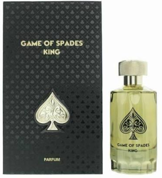 Game of Spades King perfume bottle next to its black patterned packaging box, featuring a silver spade logo.