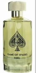 A bottle of Game of Spades King cologne by Fragrance of Choice, featuring a clear glass bottle filled with pale yellow liquid, a black spade graphic on the front, and a silver cap.