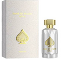 A bottle of Game of Spades Opal perfume next to its textured white box, both featuring a gold spade logo and gold lettering.