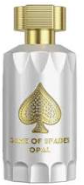 A bottle of Ace of Spades Ophir perfume with a faceted silver-white bottle body, a gold cap, and a large gold spade logo on the front.