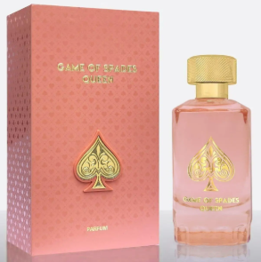 Game of Thrones Queen perfume bottle and its pink packaging box, both featuring a gold spade logo and gold lettering on a white background.