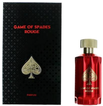 Game of Spades Rouge perfume shown with its black textured box and a faceted red glass bottle featuring a gold cap and gold spade emblem.