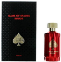 Game of Spades Rouge perfume shown with its black textured box and a faceted red glass bottle featuring a gold cap and gold spade emblem.