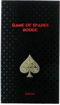The front cover of the book 'Game of Spades Rouge' by Parfums de Marly, featuring a textured black background with a subtle diamond pattern, red title text, and a gold spade emblem in the center.