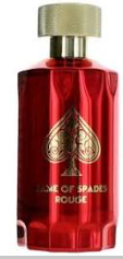 A red glass perfume bottle with a gold cap and gold spade logo, labeled 'Game of Spades Rouge'.