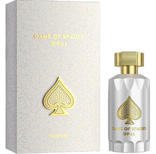 Game of Spades Opal perfume bottle and its matching textured packaging box. The bottle is white with a faceted geometric pattern, a gold cap, and a gold spade logo.