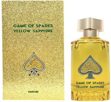 Game of Spades Yellow Sapphire perfume bottle and its matching glittery gold packaging box, featuring a spade logo.