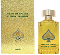 Game of Spades Yellow Sapphire perfume bottle and its matching glittery gold packaging box, featuring a spade logo.