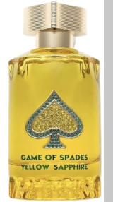 Game of Spades Yellow Sapphire cologne bottle with a textured gold cap and a golden liquid inside, featuring a large spade graphic on the front.
