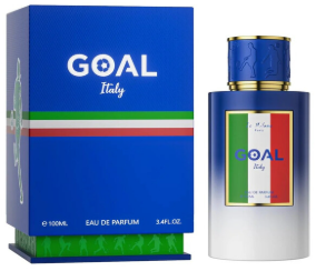 GOAL Italy Eau de Parfum bottle and its blue packaging box, featuring the Italian flag colors and 'GOAL' branding.