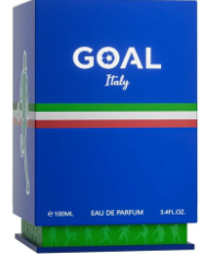 GOAL Italy Eau de Parfum box, featuring a blue background with the white GOAL logo and green, white, and red Italian flag stripes.