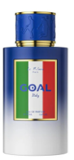 A cylindrical perfume bottle with a metallic blue cap and base, and a white center section featuring a vertical Italian flag graphic with the word 'GOAL' in blue.