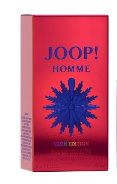 Joop! Homme Neon Edition Eau de Toilette box in red with a blue starburst graphic and blue lettering.