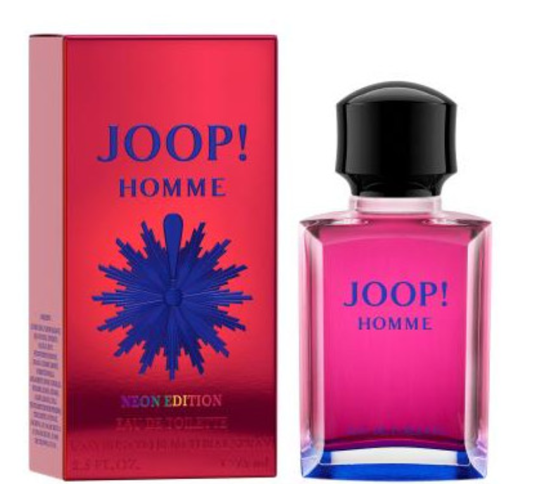 Joop! Homme Neon Edition cologne bottle and packaging box. The rectangular glass bottle contains a vibrant pink liquid with a black cap, next to its red and blue packaging box.