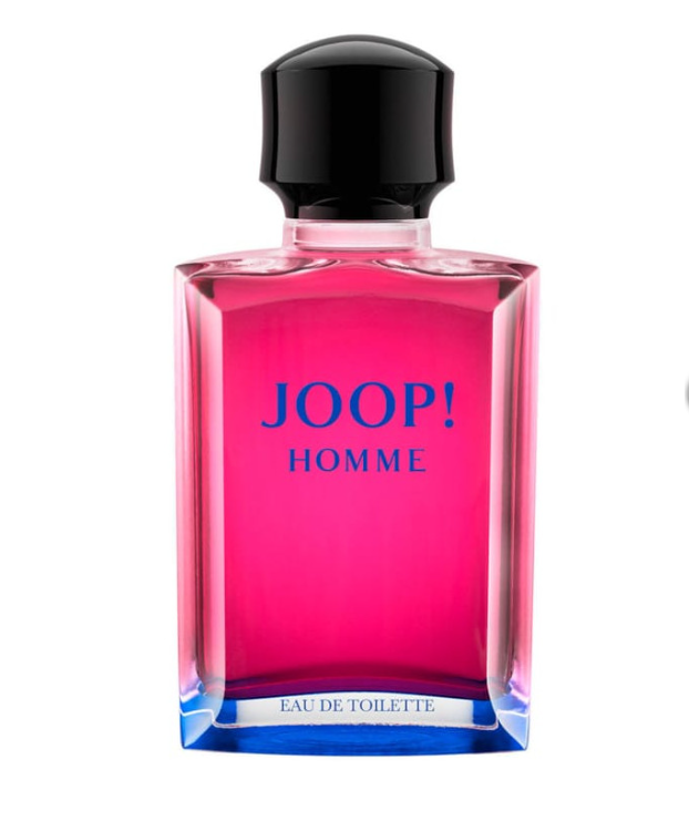 Joop! Homme Eau de Toilette perfume bottle with a vibrant pink liquid, a black cap, and blue lettering on a white background.