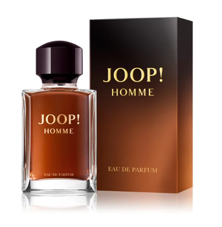 Joop! Homme Eau De Parfum bottle with amber-brown liquid and a dark cap, shown next to its black and brown gradient packaging box with gold lettering.