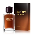 Joop! Homme Eau De Parfum bottle with amber-brown liquid and a dark cap, shown next to its black and brown gradient packaging box with gold lettering.